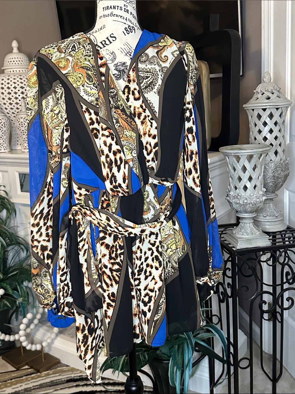 Fashion Nova Multi-Print Wrap Jumpsuit in Blue, Black, and Brown